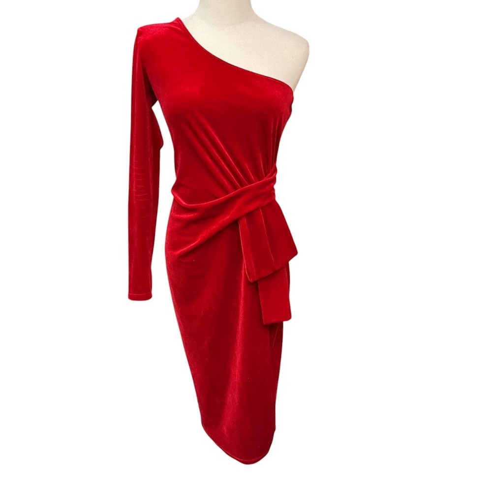 Day & Night 80s - 90s Style Red Velvet One Shoulder Party Midi Dress Size Medium